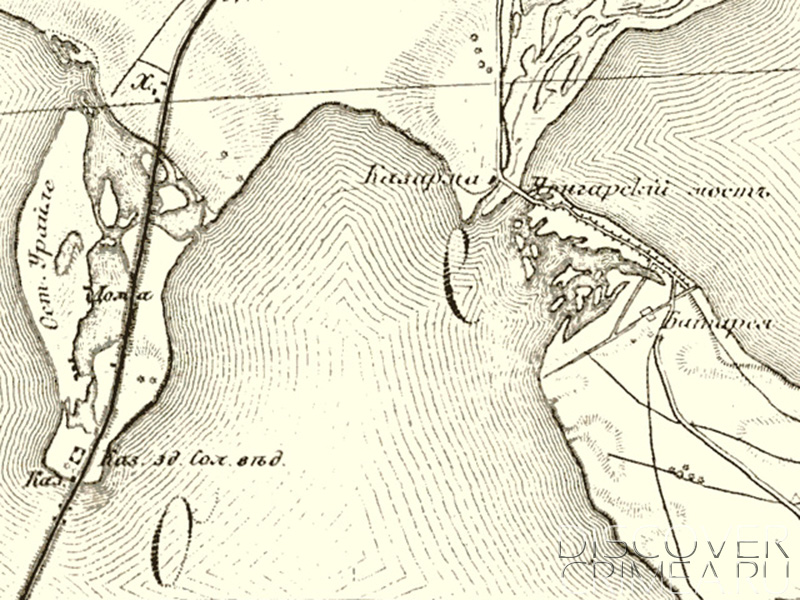 Чонгар на карте 1876 года. Видны оба моста через Сиваш и укрепление - 