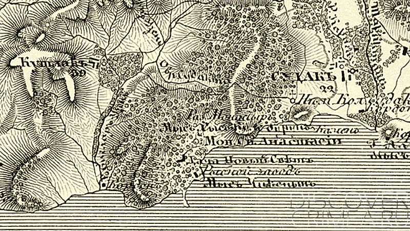 Карта окрестностей Нового Света, 1842 год. Видна дорога из Судака в Новый свет мимо источника святой Анастасии