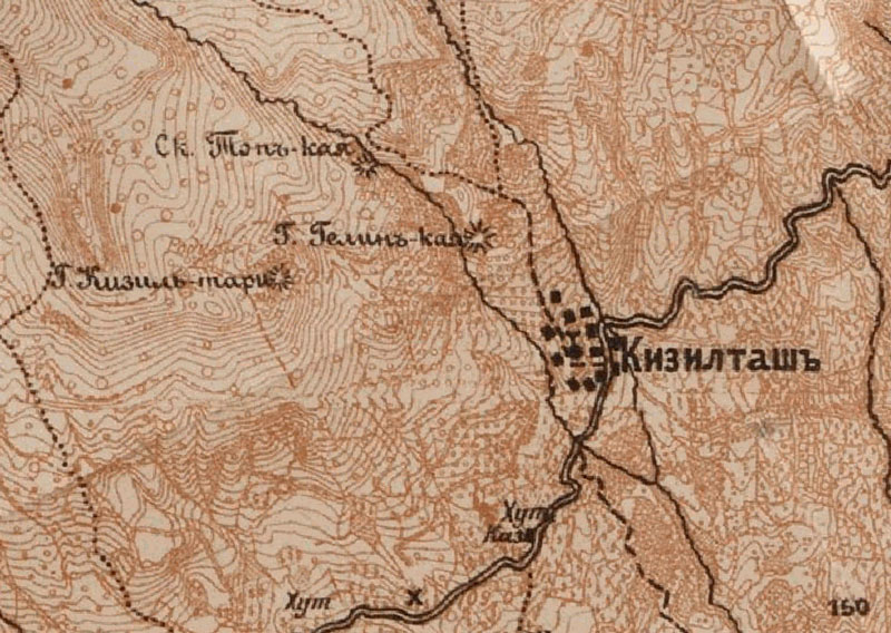 Скалы у Кизилташа: Кизылтарин-Кая, Гелин-Кая и Топ-Кая на карте «Крымского горного клуба»