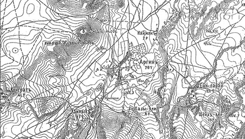 Окрестности села Аргын (Балки) и горы Джай-Тобе на верстовке конца XIX века