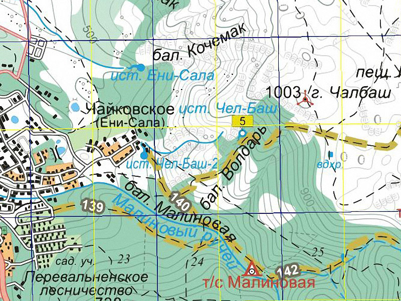 Окрестности горы Челбаш (Крым, Перевальное) на современной туристической карте масштаба 1:500