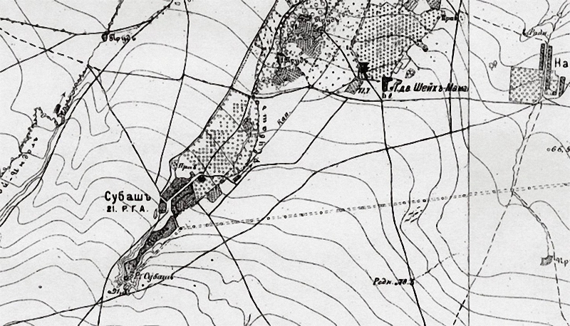Источник Су-Баш и отходящий от него Феодосийско-Субашский водопровод на верстовке 1896 года