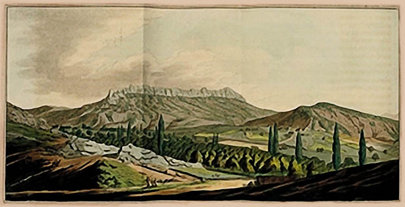 Таракташ и долина с виноградниками около Судака. Гравюра на меди из книги Палласа
