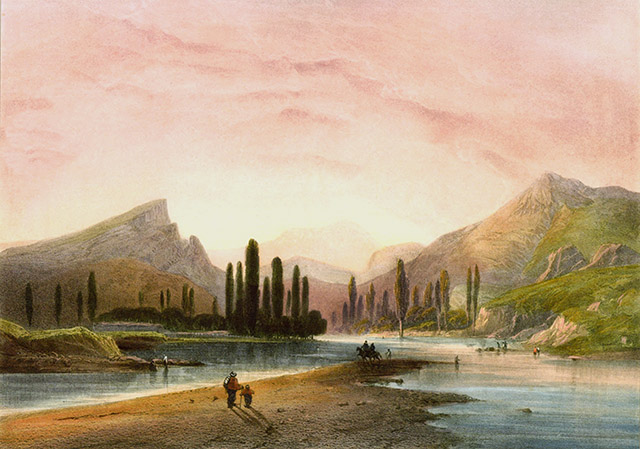 Река Альма и Кун-Тиймезский бугор (Крым) на литографии Карло Боссоли