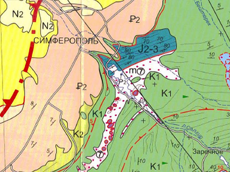 Геологическая карта окрестностей Симферополя. Цветами обозначены различные эпохи и породы
