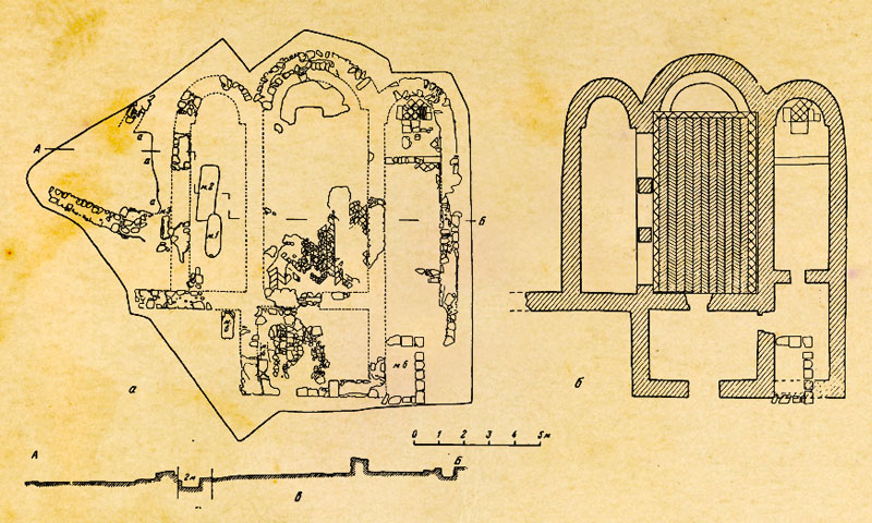 План сохранившихся частей храма на Пампук-Кая и реконструкция фундамента